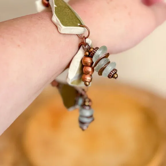 Chunky boho glass bead bracelet with copper charms - Picture 7 of 10